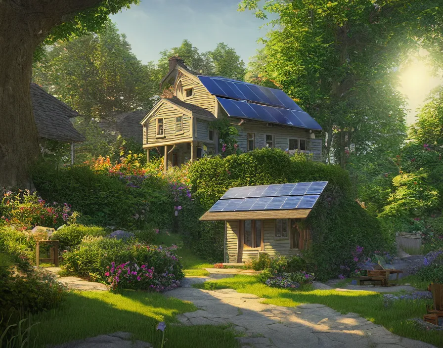 Prompt: idyllic cottage, 1950s, by Asher Durand. solar power, intricate artwork, octane render, cinematic, hyper realism, early morning, octane render, 8k, depth of field, bokeh. iridescent accents. vibrant.