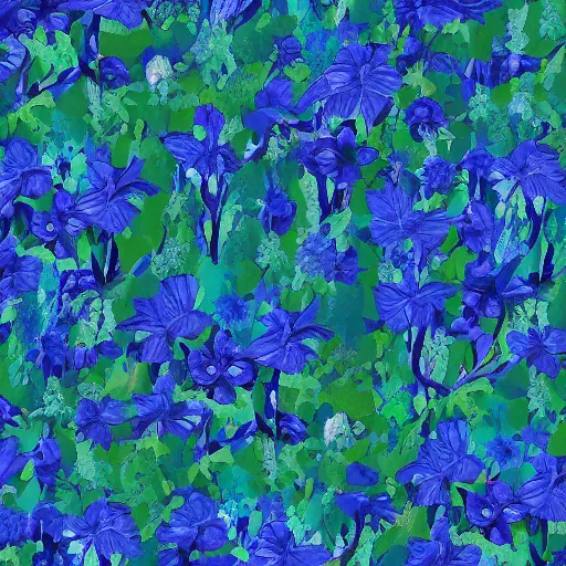 Image similar to an endless plain of blue flowers, a distant rainforest, gigantic trees in the style of avatar, h 7 0 4