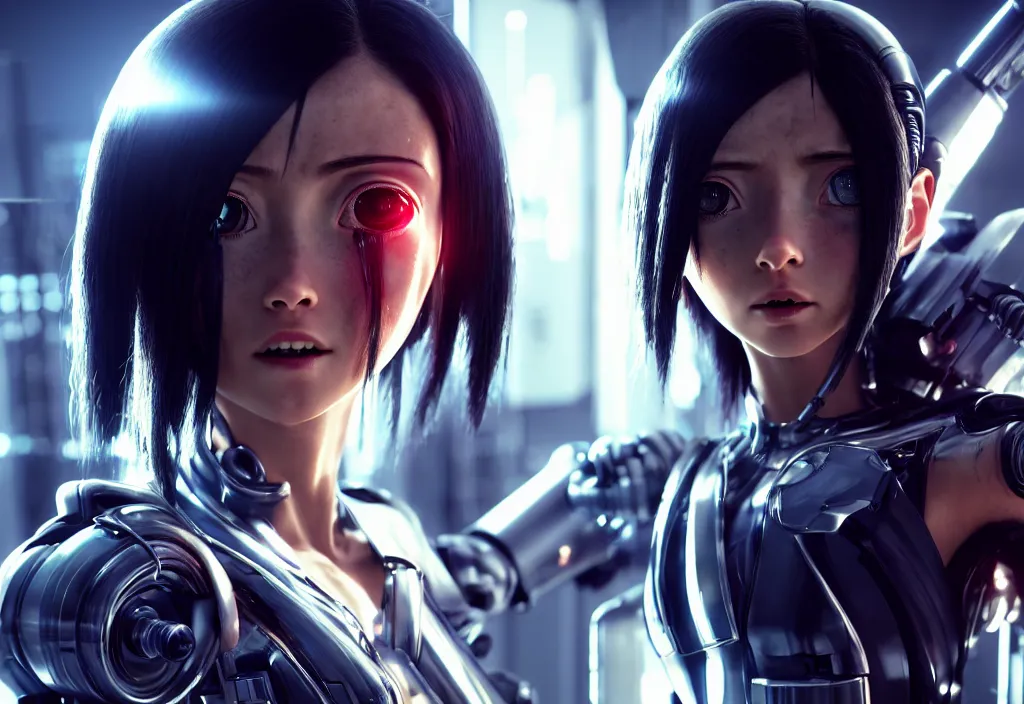 Prompt: shot of film alita by cyberpunk and syntwave syle, human like a cyborg, character design, full body in data center, extreamly detailed data center, symmetry, realistic, cinematic, awesome composition, color balance, professional lighting diffracted lightray, trending on artstation, volumetric lighting, octane render