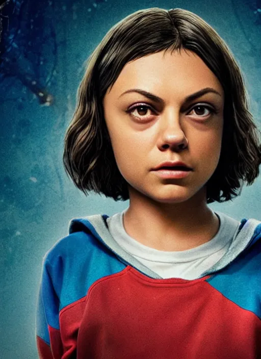 Image similar to Mila Kunis (buzzcut haircut) cast as Eleven, still from Stranger Things movie, hyperrealistic, 8k, Octane Render,