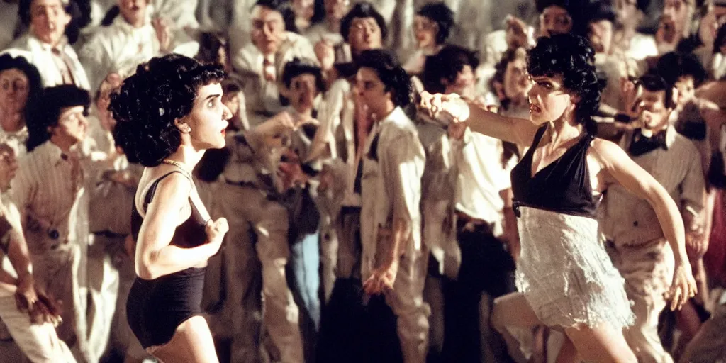 Prompt: scene from a biopic directed by spielberg with jennifer connelly dancing in front of a large crowd in the style of betty boop. a werewolf!!!! hurls in the background. cinematic, highly intricate, 5 0 mm