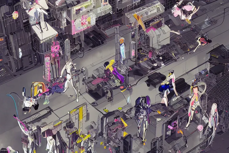 Prompt: a cyberpunk illustration of a group of four coherent cutely dressed female androids in style of masamune shirow, lying scattered across an empty, white floor with their bodies rotated in different poses and cables and wires coming out, by yukito kishiro and katsuhiro otomo, hyper-detailed, intricate, view from above, colorful