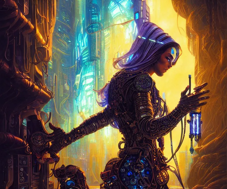 Prompt: a beautiful tarot card artwork of a cyberpunk crystal paladin, backlit, dazzling, highly detailed, digital painting, by karol bak and justin gerard and dan mumford and artgerm, vivid colors, masterpiece, detailed shading, 8 k resolution, intricate, smooth