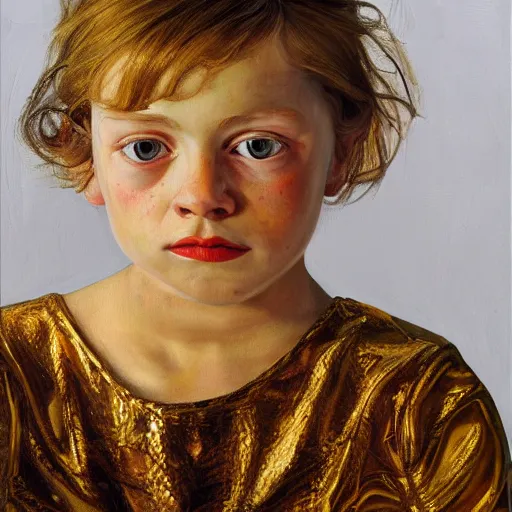 Prompt: high quality high detail painting by lucian freud, hd, girl portrait with a lot of gold and jewelry, photorealistic lighting