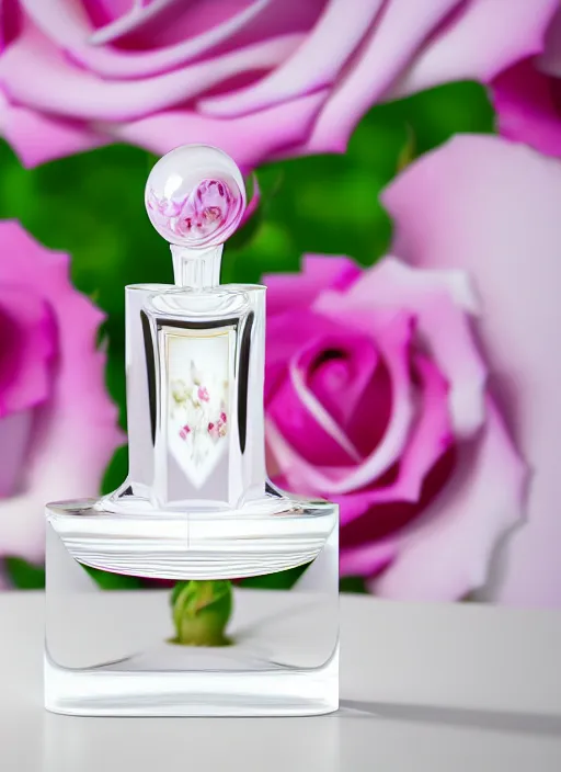 Image similar to perfume bottle standing in white enchanted garden of pink flowers, roses in an ivory room well contoured smooth fair walls, up close shot, sharp focus, global illumination, radiant light, surral photography, octane highly render, 4 k, ultra hd,