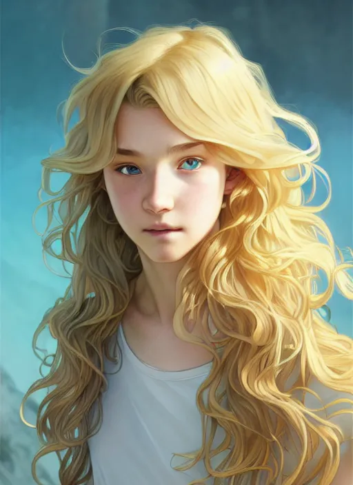 Image similar to teenager with medium - length, curly, golden hair, aquamarine eyes, natural lighting, path traced, highly detailed, high quality, cartoon, digital painting, by new haicheng and ross tran and studio ghibli and alphonse mucha