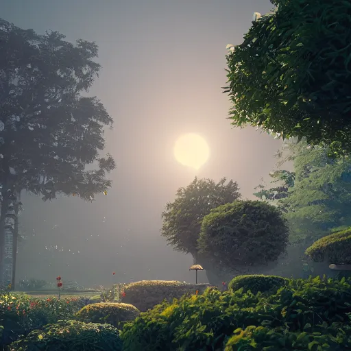 Prompt: a photo of a garden by benoit b. mandelbrot, golden hour, dreamy, misty, cool, afrofuturistic, side shot, detailed, rendered in unreal engine