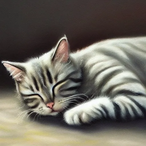 Image similar to realistic painting of a cat sleeping on a sidewalk at midnight photography highly detailed trending on art station