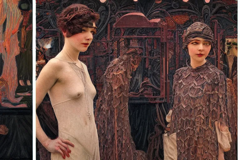 Prompt: detailed people in 1 9 2 0 s movie theatre, exterior greenhouse, portrait face, in the style of frantisek kupka, intricate, miles johnston, keita morimoto, kuroda seiki, cynical realism, ozabu, john william godward, painterly, yoshitaka amano, moebius, beautiful lighting