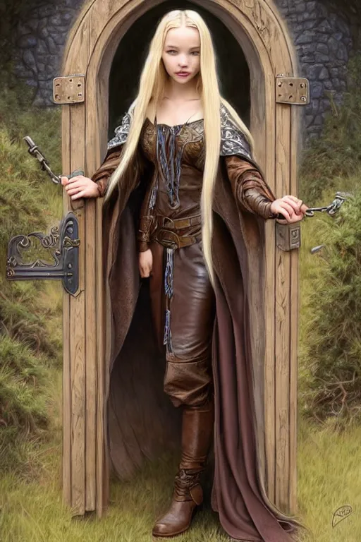 Prompt: mage blonde braided hair dove cameron closing a beautiful cottagecore portal gate, heavy cloak, brown leather accents, leather jerkin, castle town, fantasy character portrait, ultra realistic, intricate, elegant, highly detailed, digital painting, artstaion, smooth, sharp, focus, illustration, art by artgerm and greg rutkowski and alphonse mucha