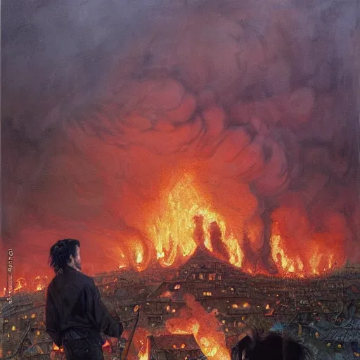 Image similar to a man with black hair and beard, wearing a black jacket and jeans, looking at a burning village in the distance, highly detailed painting by donato giancola and bayard wu, 8 k, digital art