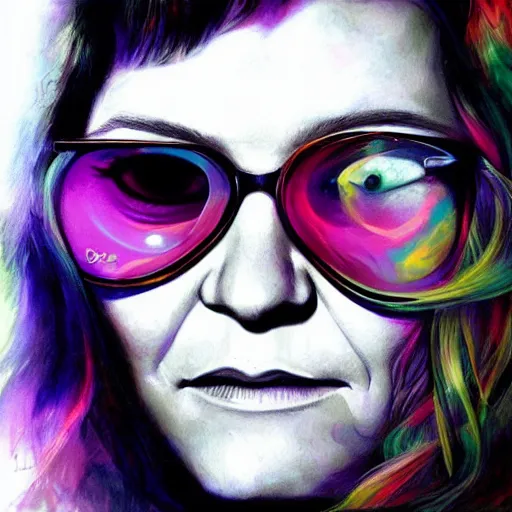 Image similar to portrait of janice joplin at age 2 7 in psychedelic colors, painted by artgerm