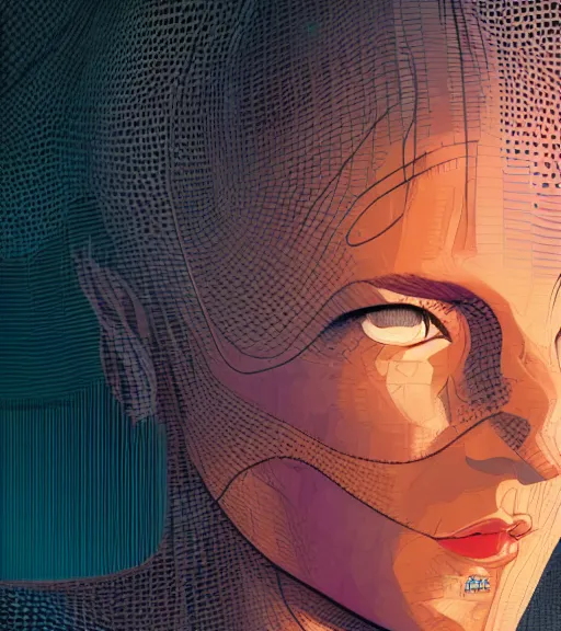 Prompt: female face on a backdrop of data, Industrial Scifi, detailed illustration, character portrait, by Martin Grip and Moebius