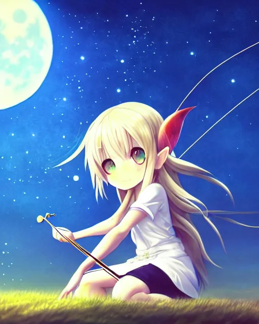 Image similar to chibi, cute, female, full body, elf girl with white skin and golden long wavy hair, holding a violin and playing a song, stunning art style, filters applied, lunar time, night sky, trending art, sharp focus, centered, landscape shot, fate zero, simple background, studio ghibly makoto shinkai yuji yamaguchi, by wlop