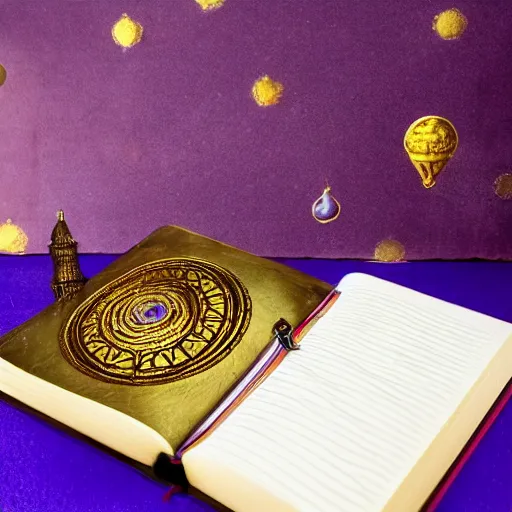 Image similar to a purple spell book with ornate filagree of imbued metal and gold sitting on top of a cloud with a space background
