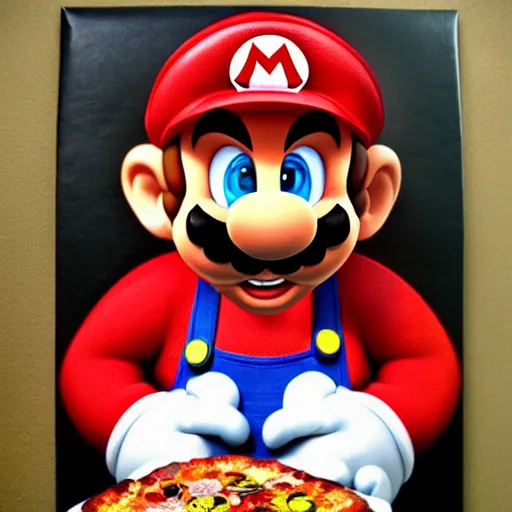 Prompt: hyperrealistic Super Mario, with pizza eyes