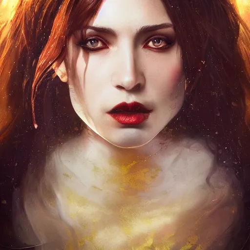 Image similar to majestic gracious regal aristocratic brunette female vampire portrait, atmospheric lighting, painted, menacing, intricate, volumetric lighting, beautiful, rich deep colours masterpiece, golden hour, sharp focus, hyper realistic, ultra detailed, by leesha hannigan, ross tran, thierry doizon, kai carpenter, ignacio fernandez rios