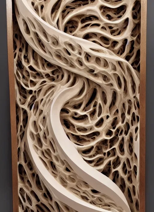 Prompt: ( sculpture of the endless transcendence of recursion )!!, solid fluid fractals!!! of celestial ivory!, museum piece, museum display, back - lit, wooden cabinet