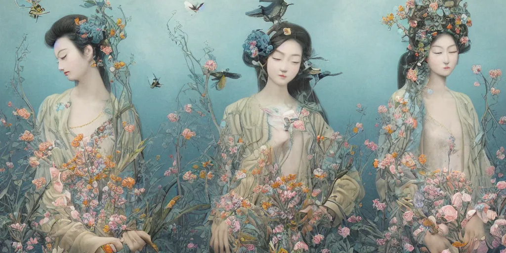 Image similar to breathtaking detailed concept art painting portrait of two goddess of light blue flowers by hsiao - ron cheng, carroty hair, orthodox saint, with anxious piercing eyes, vintage illustration pattern background with bizarre compositions blend of flowers and fruits and birds by beto val and john james audubon, exquisite detail, extremely moody lighting, 8 k