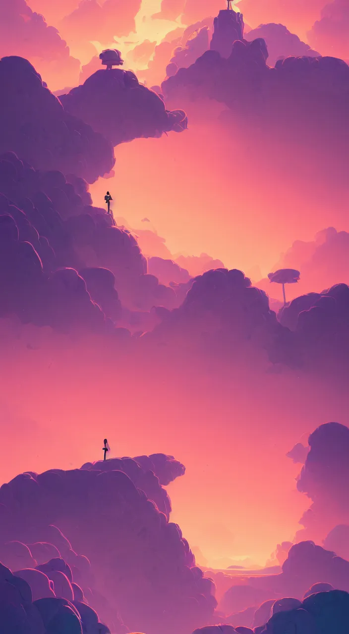 Prompt: Aesthetic Lonely cliff , pink clouds in the sky, brightly illuminated by rays of sun, artstation, colorful sylvain sarrailh illustration, by peter chan, day of the tentacle style, twisted shapes