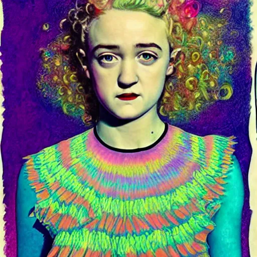 Image similar to surrealism psychedelic portrait sketch of julia garner as delirium of the endless in fishnet top and rainbow tutu skirt from the sandman, floating goldfish, green and blue eye heterochromia by alex ross, josh kirby, detailed, elegant, intricate