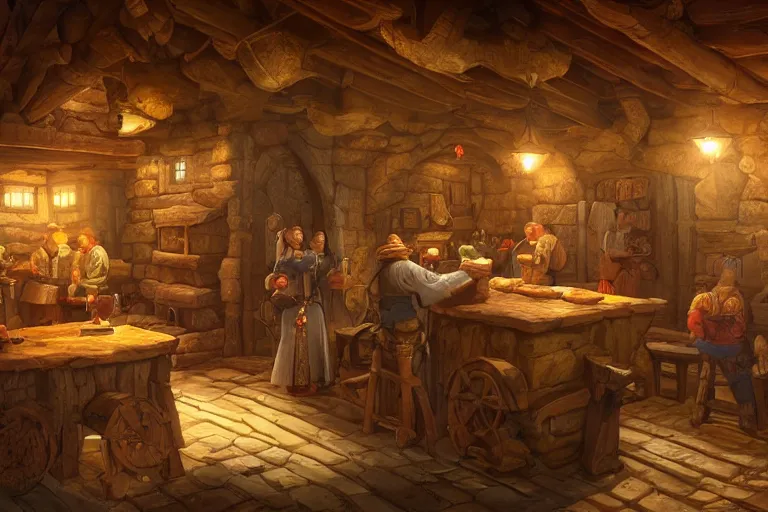 Prompt: a digital painting of an isometric wooden medieval tavern interior by justin gerard, paul bonner, rpg game environment, highly detailed, volumetric lighting, digital art, isometric, artstation hd