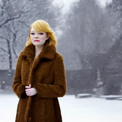 Image similar to emma stone wearing valenki in russian village, winter, painted by ron arad and steve argyle, blonde hair, cinematic