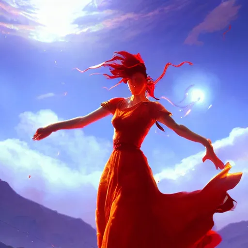 Image similar to goddes of the sun, beautiful, stunning, red golden dress, whirling with power in the sky, unreal engine, concept art, photorealistic, cinematic, james jean, akira, satochi con