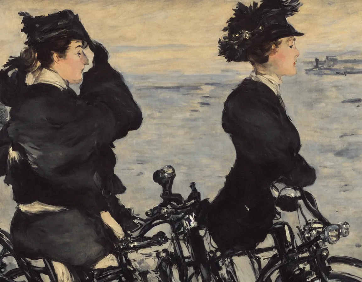 Prompt: edouard manet. a close up portrait of a marie lefebure from the side all dressed in black on a motorcycle on a highway looking over her shoulder towards us. dark blue sky. foggy. dawn. city. fin de siecle. there is another motorcycle blurred in the background. precise thin brush strokes. expressive. france. modern.