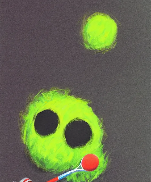 Image similar to a portrait of a tennis ball monster holding a tennis racket on a tennis court, chalk, fantasy, elegant, digital painting, artstation, concept art, matte, sharp focus, illustration, art by basil gogos