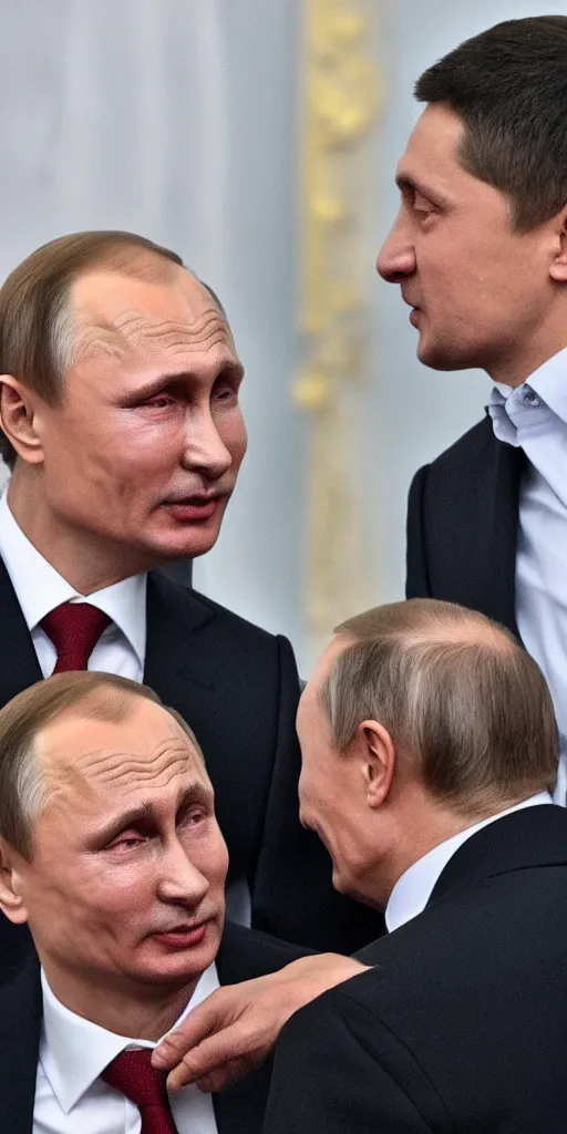 Prompt: Vladimir Putin open mouth kissing Volodymyr Zelenskyy