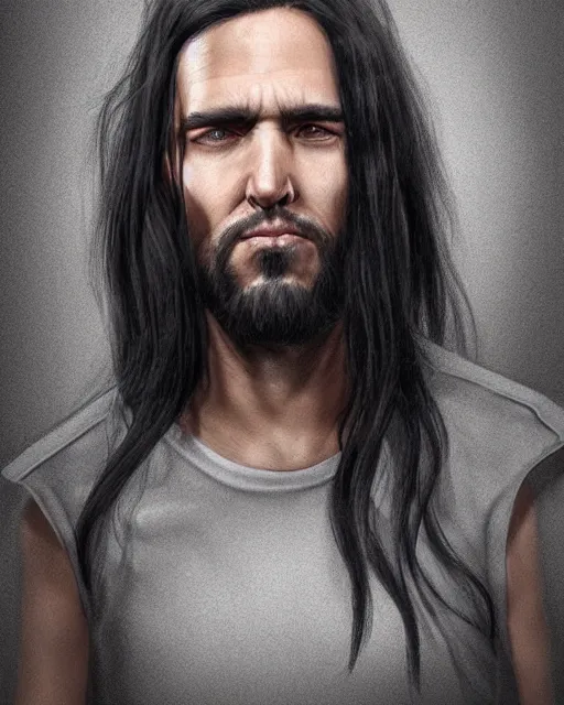 Image similar to portrait of tall, tired 3 3 - year - old handsome man with long black hair, grey eyes, wearing black clothes, hyper realistic face, beautiful eyes, character art, art by mark brooks, hyperdetailed, cryengine, trending on artstation, digital art