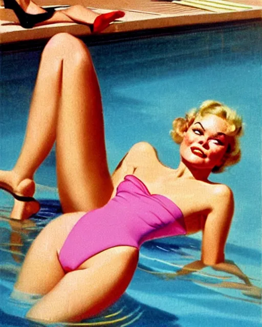 Prompt: tuesday weld swimming in a pink bikini, tuesday weld half immersed in water in a palm springs midcentury swimming pool by gil elvgren, by mort kunstler, by basil gogos