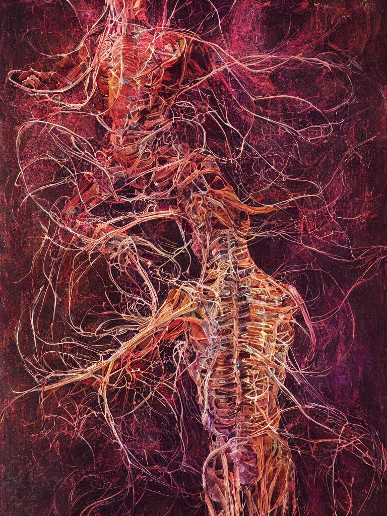 Prompt: a beautiful glitched painting by robert proch and emilio pettoruti of an anatomy book picture of the human nervous system on matrix wallpaper, color bleeding, pixel sorting, copper oxide and rust materials, brushstrokes by jeremy mann, dramatic lighting, pastel purple background