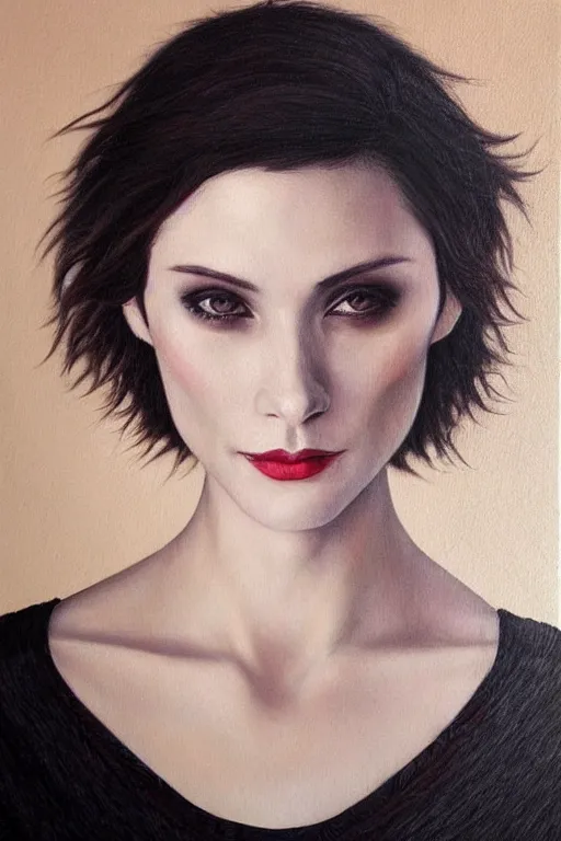 Prompt: Beautiful oil painting of Alice Cullen by Chie Yoshii, portrait, pale skin, short black pixie cut hair, smiling, symmetrical face, black dress, dramatic lighting, sharp focus, smooth, Ashley Greene, happy