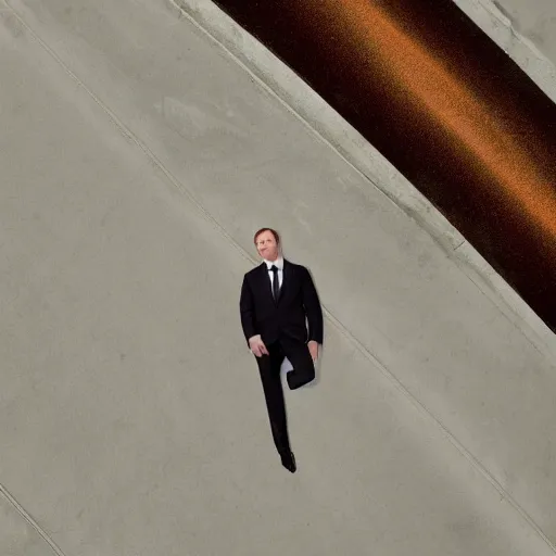 Image similar to Andy Richter is wearing a chocolate brown suit and necktie. Andy is lying flat on a concrete ground looking at camera. Ariel view.