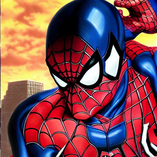 Image similar to ultra realistic portrait painting of spiderman, art by akira toriyama, 4 k, dragon ball artstyle, cel shaded, highly detailed, epic lighting
