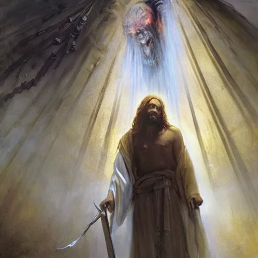 Image similar to painting of Jesus descending into hell in the style of Dante's Inferno, surrounded by a vivid silver light, flowing royal robes with goly inlay, crown of thorns spotted with blood upon his head, stern expression with a chiseled jaw and fiery eyes, by Jeremy Mann, stylized, detailed, realistic, loose brush strokes, intricate, beautiful