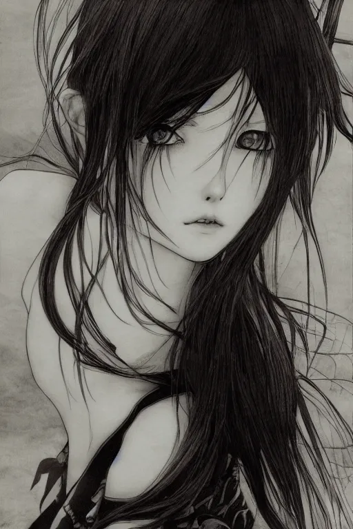 Prompt: a vertical portrait of a character in a scenic environment by Yoshitaka Amano, black and white, dreamy, dark eyes, wavy long black hair, highly detailed