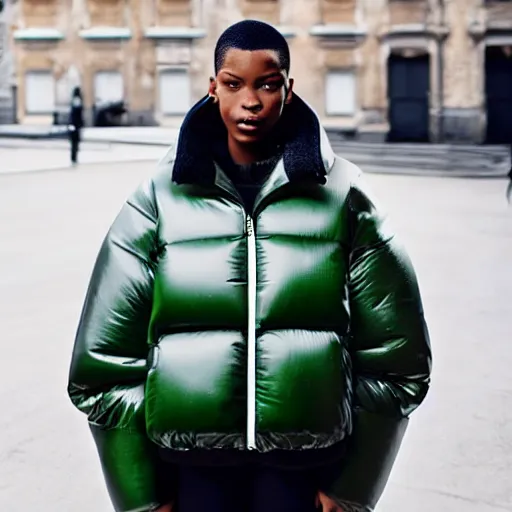 Image similar to realistic photoshooting for a new balenciaga lookbook color film photography of a beautiful woman model, model wears a puffer jacket, photo in style of tyler mitchell, ssense