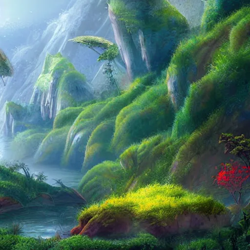 Image similar to digital painting of a lush natural scene on an alien planet by masatake shiyouji. digital render. detailed. beautiful landscape. colourful weird vegetation. cliffs and water.