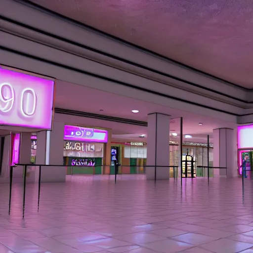 Image similar to vaporwave 9 0 s dreamy empty shopping mall, highly detailed, 3 d render, vray, octane, realistic lighting, photorealistic