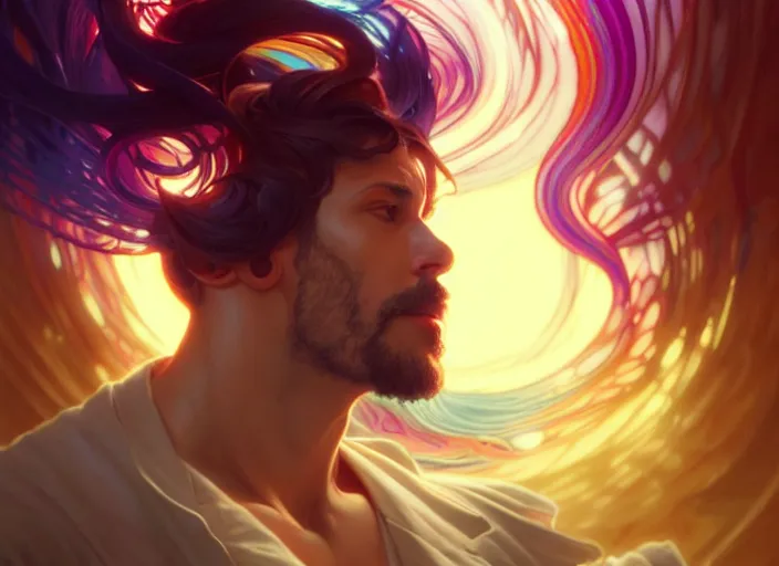 Prompt: a man in shock after he lost all his files, colorful swirly ripples, gaudy colors, aesthetic octane render, unreal engine, 8 k, art by artgerm, greg rutkowski, alphonse mucha