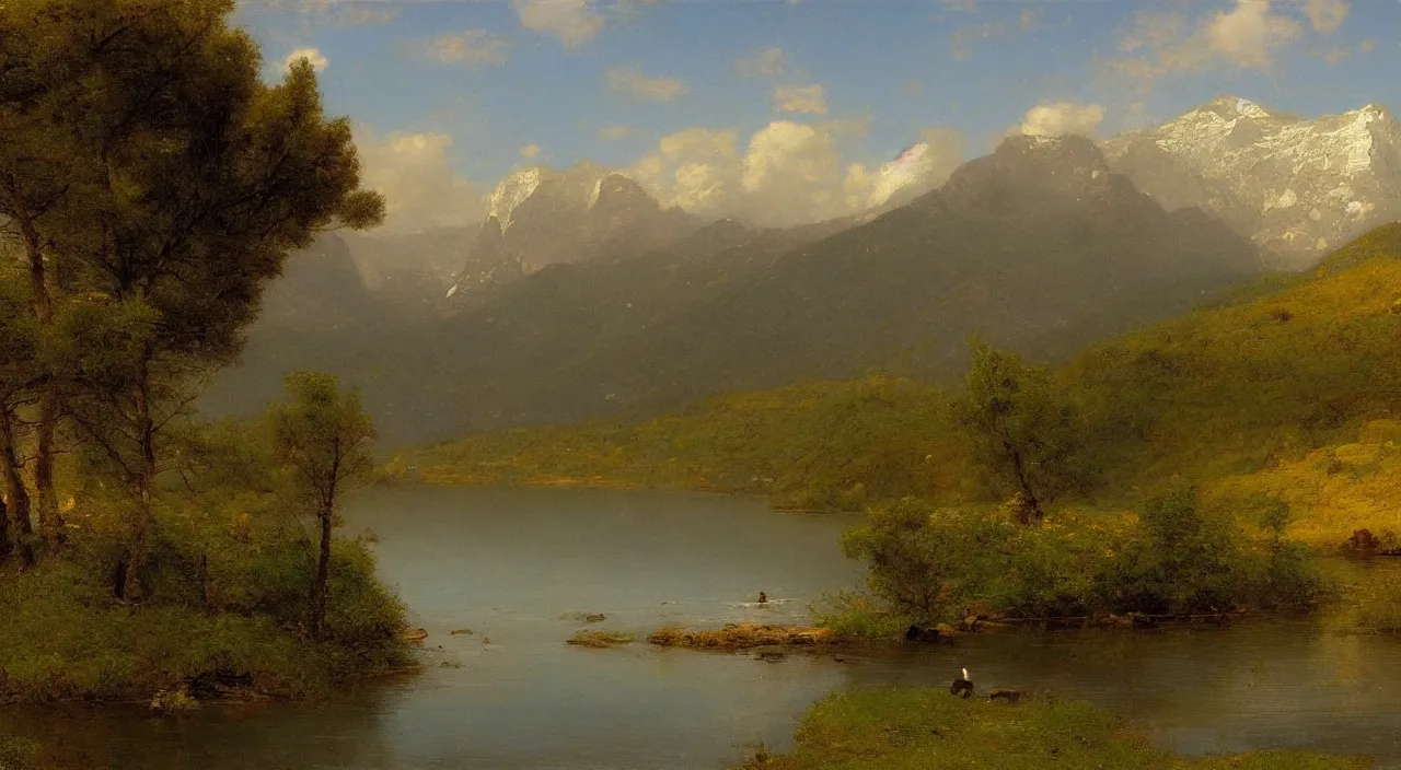 Image similar to An ultradetailed, digital-art, 4k-concept-art-wallpaper, Mountains in the background by George Inness, Lake around