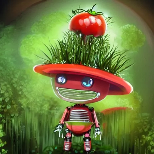 Image similar to cute robot made of plants wearing tomato hat and a chive sword, made in abyss style