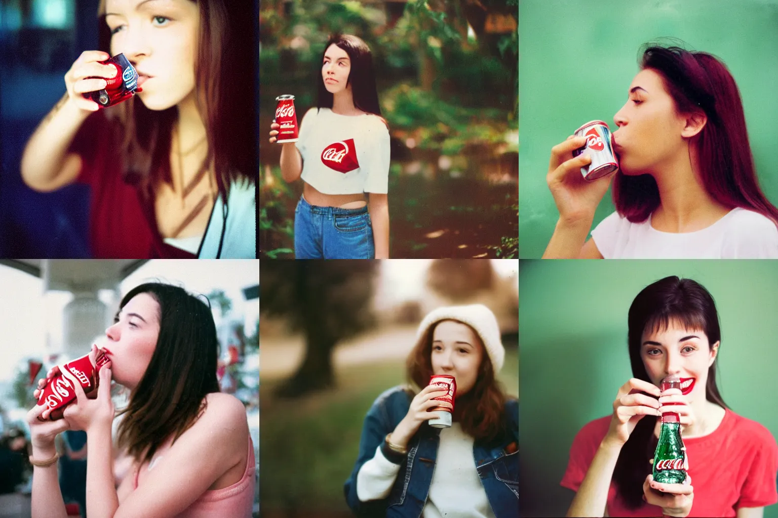 Prompt: an analog photo a 23 year old woman flirtatiously drinking a coca-cola, kodak portra 400
