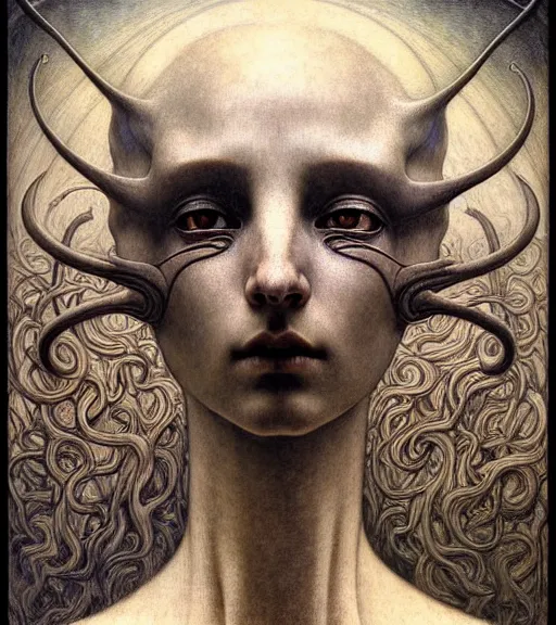 Image similar to detailed realistic beautiful young medieval alien robot grimez face portrait by jean delville, gustave dore and marco mazzoni, art nouveau, symbolist, visionary, gothic, pre - raphaelite. horizontal symmetry by zdzisław beksinski, iris van herpen, raymond swanland and alphonse mucha. highly detailed, hyper - real, beautiful, fractal baroque