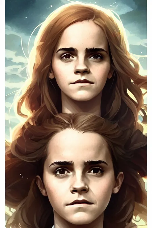 Image similar to Poster artwork, Emma Watson as Hermione Granger, wearing hogwarts!!! robes!!!, magnificent, close up, details, sharp focus, elegant, highly detailed, illustration, by Jordan Grimmer and greg rutkowski and PiNe(パイネ) and 薯子Imoko and 香川悠作 and wlop!!!! and maya takamura, intricate, beautiful, sunset!!!, Trending artstation, pixiv, digital Art