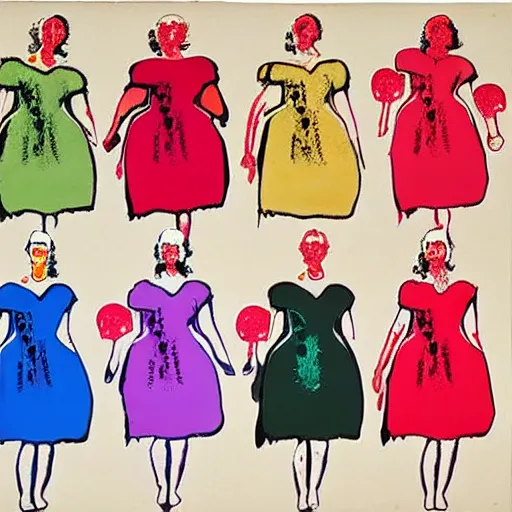 Image similar to seven hens wearing dresses, in the style of Andy Warhol