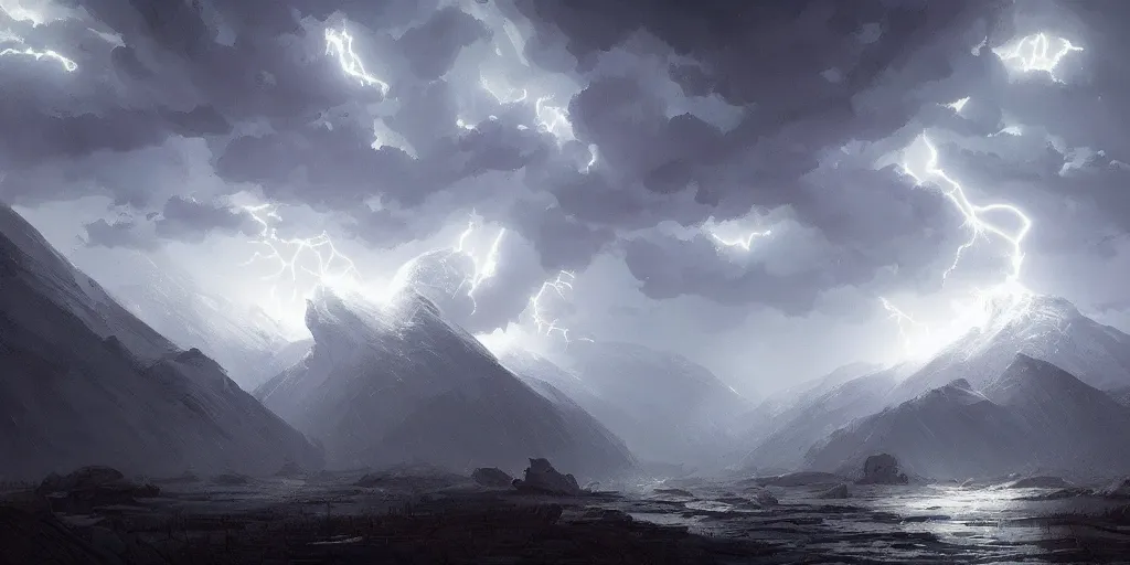 Image similar to A violent winter storm over the mountains, fork lightning, magical, foreboding and epic, digital art by Greg Rutkowski and Studio Ghibli